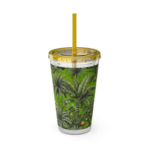 Tropical Tumbler with Straw | 16 oz: Tropical Palms & Fruit, Green