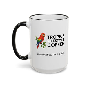 Accent Rim & Handle Coffee Mug ~ Tropics Lifestyle Coffee Parrot Logo