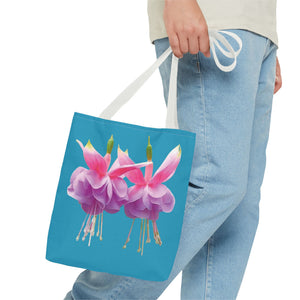 Two Fuschsias Tropical Flower Tote Bag/Turquoise - 3 Sizes