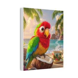 Tropical Parrot Canvas Wall Art — Colorful Beach Scene with Coffee Cup