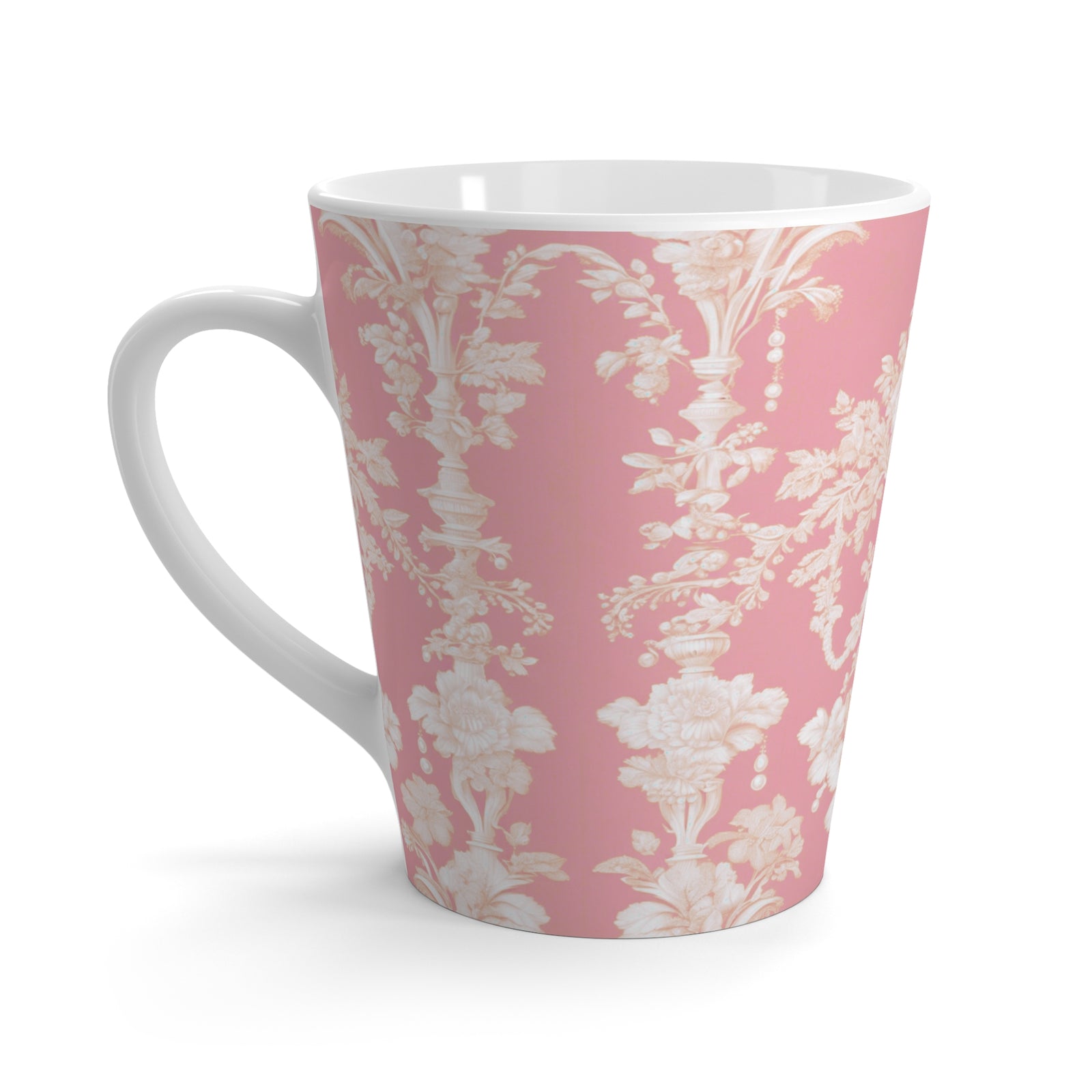 Latte White Mug - Perfect for Coffee Enthusiasts / Pearl Lady Toile, hibiscus pink
