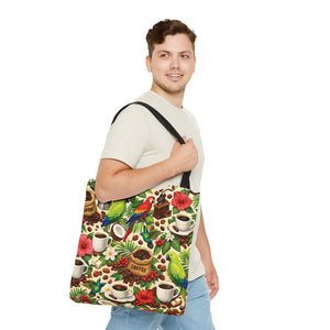 Tropical Parrots & Coffee Tote Bag, Green - 3 Sizes