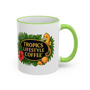 Accent Rim & Handle Coffee Mug ~ Tropics Lifestyle Coffee Seahorse Logo/White