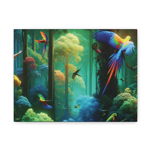 Tropical Parrots Canvas Wall Art — Vibrant Flight School Jungle Scene Matte