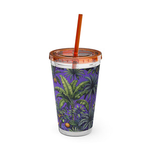 Tropical Tumbler with Straw | 16 oz: Tropical Palms & Fruit, Purple