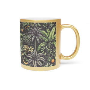 Tropical Metallic Mug, Gold or Silver - Tropical Palms & Fruit, Black