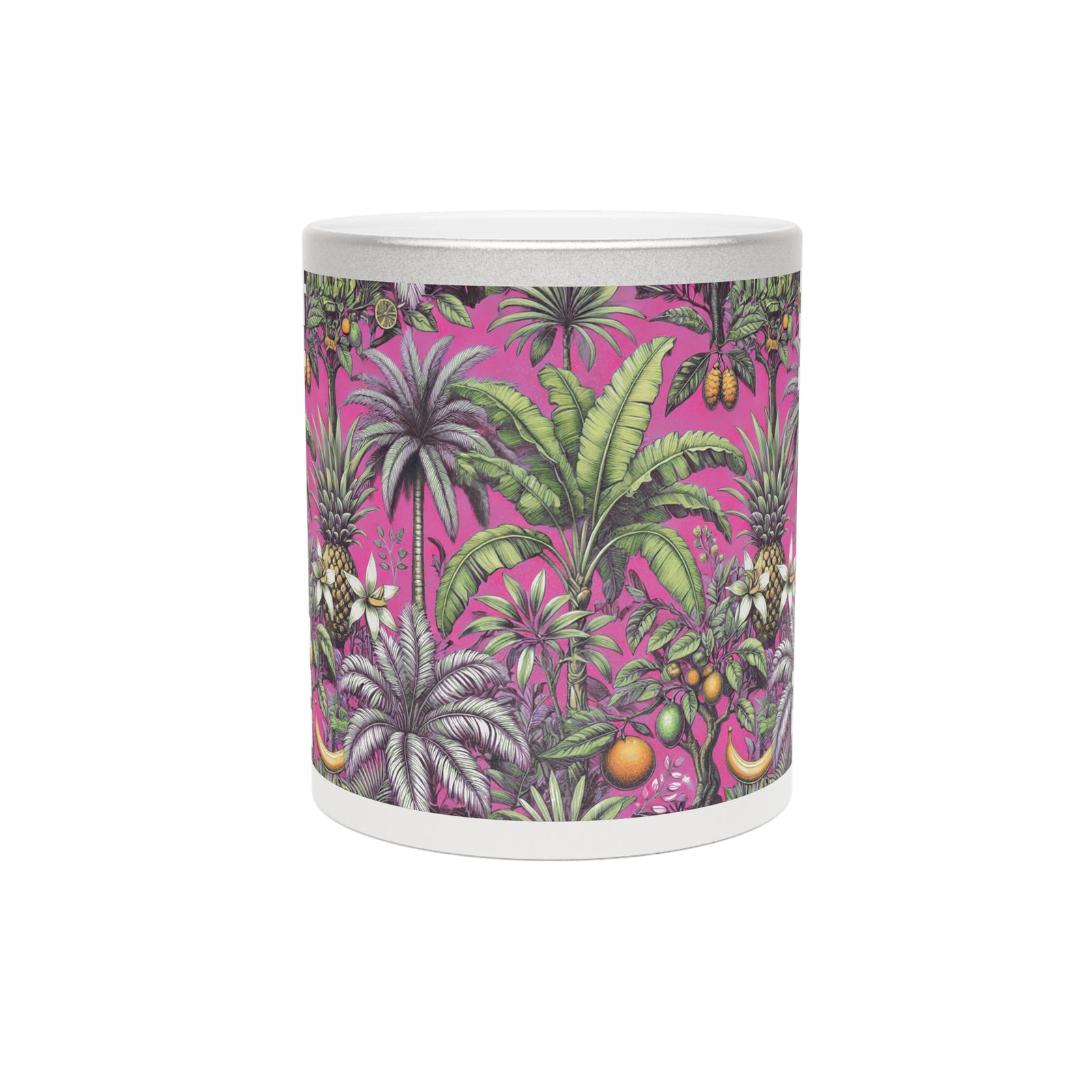 Tropical Metallic Mug, Silver - Tropical Palms & Fruit, Pink