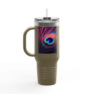 Insulated Travel Mug, 40oz / Peacock Eye Feather, Magenta - Perfect for Outdoor Adventures