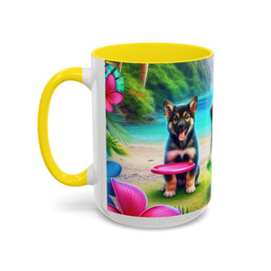 Cute Beach Puppies Playing Frisbee - Black Coffee Mug - Perfect Gift for Dog Lovers