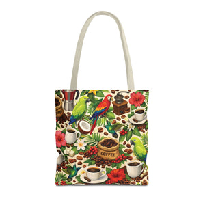 Tropical Parrots & Coffee Tote Bag, Green - 3 Sizes