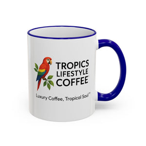 Accent Rim & Handle Coffee Mug ~ Tropics Lifestyle Coffee Parrot Logo
