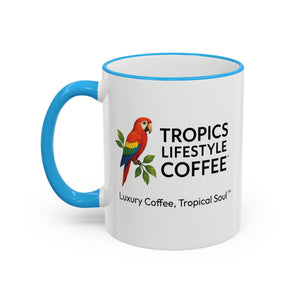 Accent Rim & Handle Coffee Mug ~ Tropics Lifestyle Coffee Parrot Logo
