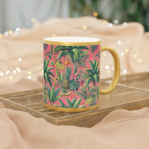 Tropical Metallic Mug, Gold or Silver - Tropical Palms & Fruit, Coral