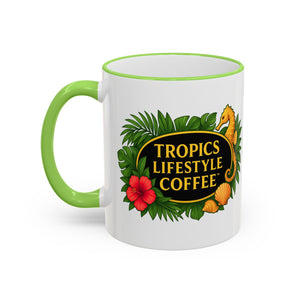 Accent Rim & Handle Coffee Mug ~ Tropics Lifestyle Coffee Seahorse Logo/White