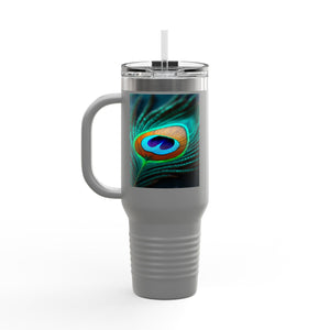 Insulated Travel Mug, 40oz / Peacock Eye Feather, Turquoise- Perfect for Outdoor Adventures