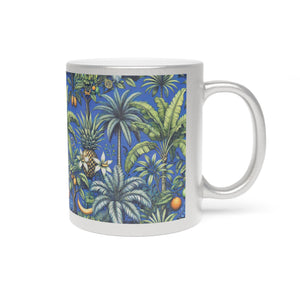 Tropical Metallic Mug, Gold or Silver - Tropical Palms & Fruit, Ocean Blue