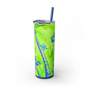 Tropical Doodles/Lime Green, 20oz Skinny Matte Tumbler with Straw - Beach Vibes