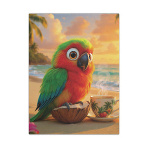 Tropical Beach Canvas - Tiki the Parrot Sunrise Wall Art, Black