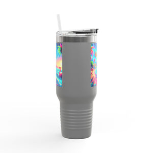 Insulated Travel Mug, 40oz / Pop Art Flamingo Beach