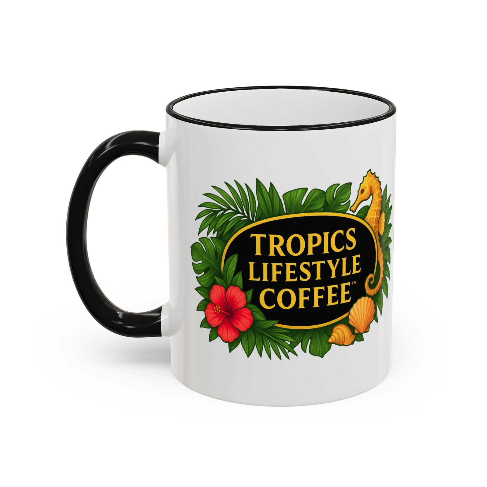 Accent Rim & Handle Coffee Mug ~ Tropics Lifestyle Coffee Seahorse Logo/White