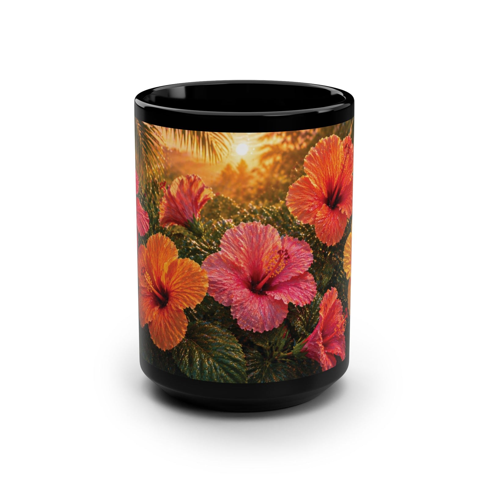Black Ceramic Mug — Hibiscus Sunrise 15oz Coffee Cup