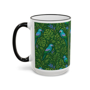 Accent Rim & Handle Coffee Mug ~ Parrot Family, Blue