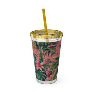 Tropical Tumbler with Straw | 16 oz:  More Tropical Palms, Coral