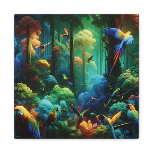 Tropical Parrots Canvas Wall Art — Vibrant Flight School Jungle Scene Matte