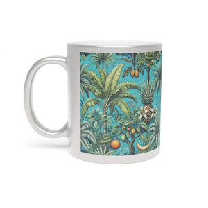 Tropical Metallic Mug, Silver - Tropical Fruit & Palms, Turquoise
