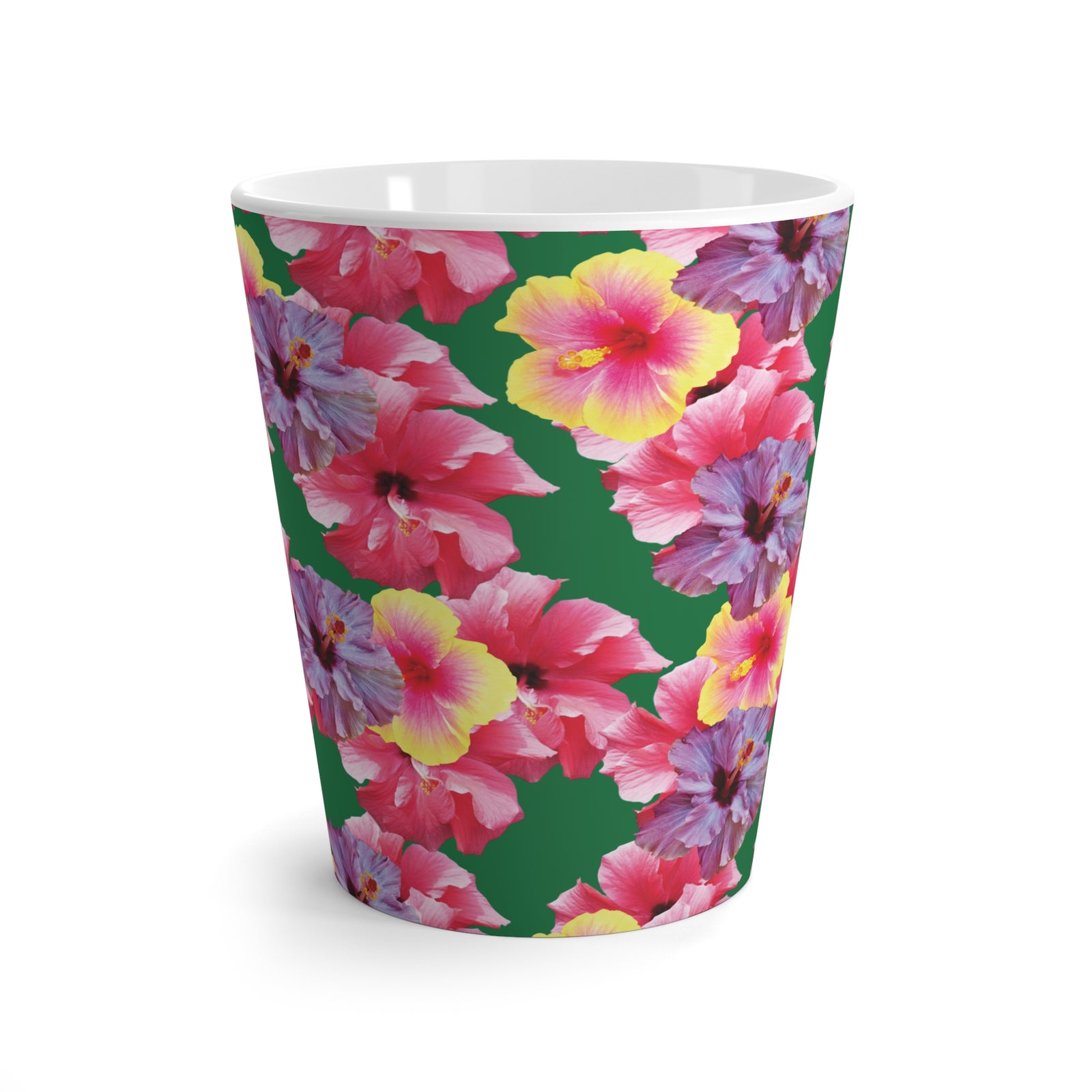 Latte White Mug - Real Hisbiscus Flowers Trio/Dark Green
