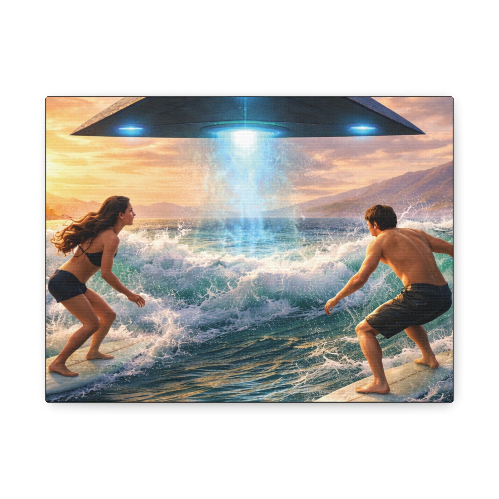 Surfing UFO Canvas Print — Beach Sunset Sci‑Fi Wall Art