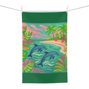 Tropical Microfiber Coffee/Tea Towel ~ Jumping Dolphins, Dark Green