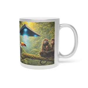 Tropical Metallic Mug, Gold or Silver - UFO & Monkey Familiy