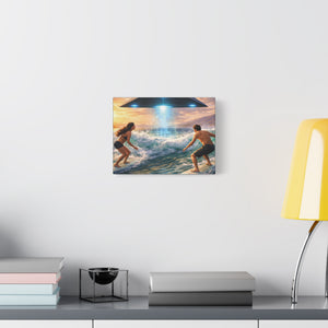 Surfing UFO Canvas Print — Beach Sunset Sci‑Fi Wall Art