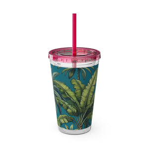 Tropical Tumbler with Straw | 16 oz: Tropical Palms & Fruit, Blue