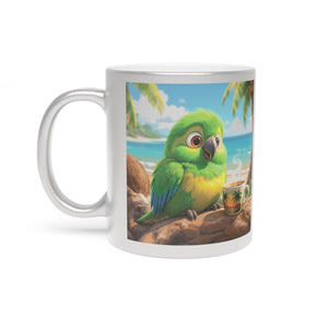 Tropical Metallic Mug, Gold or Silver - Lulu the Parrot Drinks Coffee