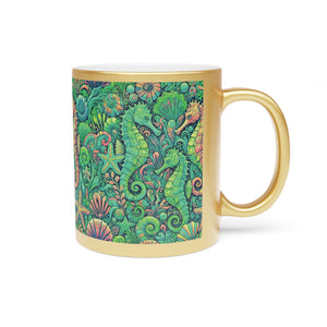 Tropical Metallic Mug, Gold or Silver - Seahorse Trio, Lime