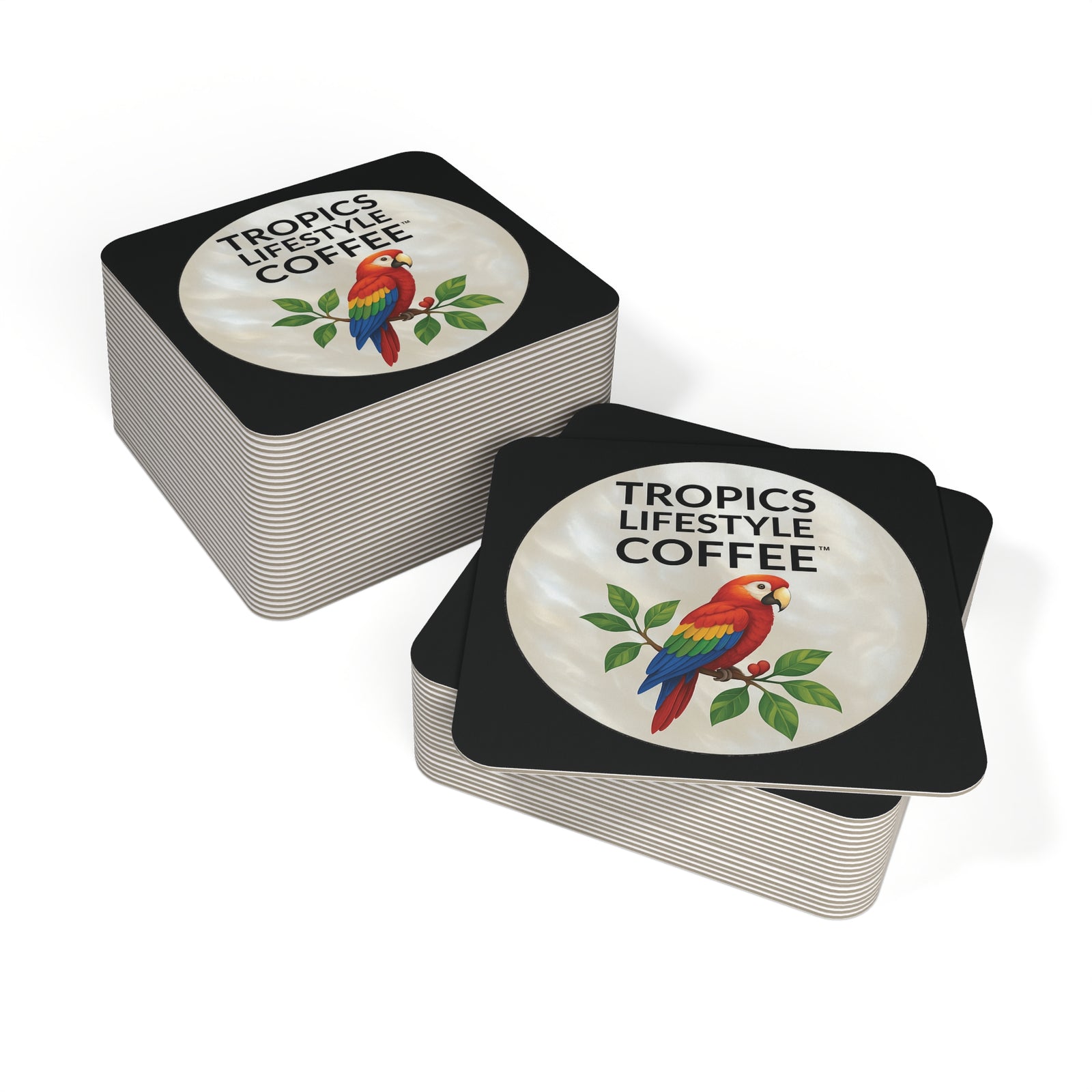 Bulk Hardboard Coffee Coasters - Parrot MOP Logo (50/100 pcs), black