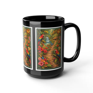 Tropical Parrot Black Mug — Colorful Jungle Scene Coffee Cup (11oz/15oz)
