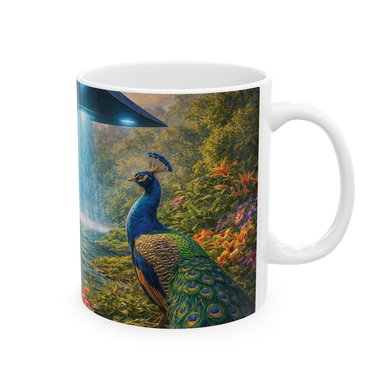 Black Coffee Mug: UFO and 2 Peacocks