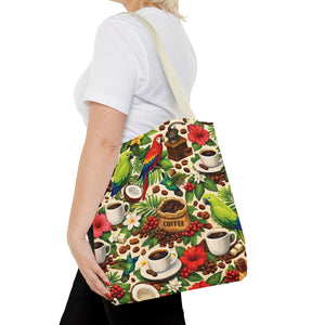 Tropical Parrots & Coffee Tote Bag, Green - 3 Sizes