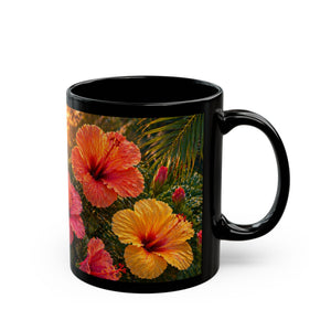 Tropical Hibiscus Sunset Mug — Floral Black Coffee Cup (11oz/15oz)