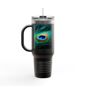 Insulated Travel Mug, 40oz / Peacock Eye Feather, Turquoise- Perfect for Outdoor Adventures
