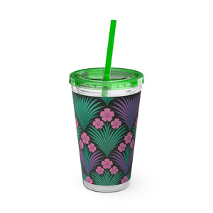 Tropical Tumbler with Straw | 16 oz: Midnight Hibiscus Deco, Pink