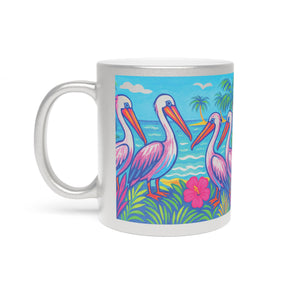 Tropical Metallic Mug, Gold or Silver: Beach Pelicans