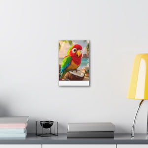 Tropical Parrot Canvas Wall Art — Colorful Beach Scene with Coffee Cup