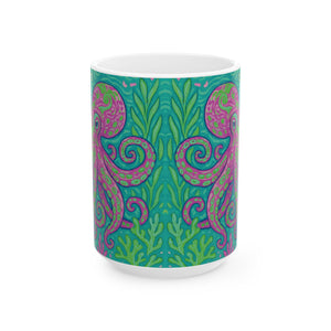 Ceramic White Mug - 11oz & 15oz, Purple Octopus Kraken Joe