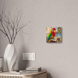 Tropical Parrot Canvas Wall Art — Colorful Beach Scene with Coffee Cup