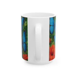 Ceramic White Mug - 11oz & 15oz,  Morpho Butterflies Flight
