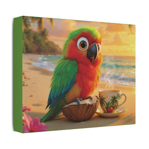 Tropical Beach Canvas - Tiki the Parrot Sunrise Wall Art, Green